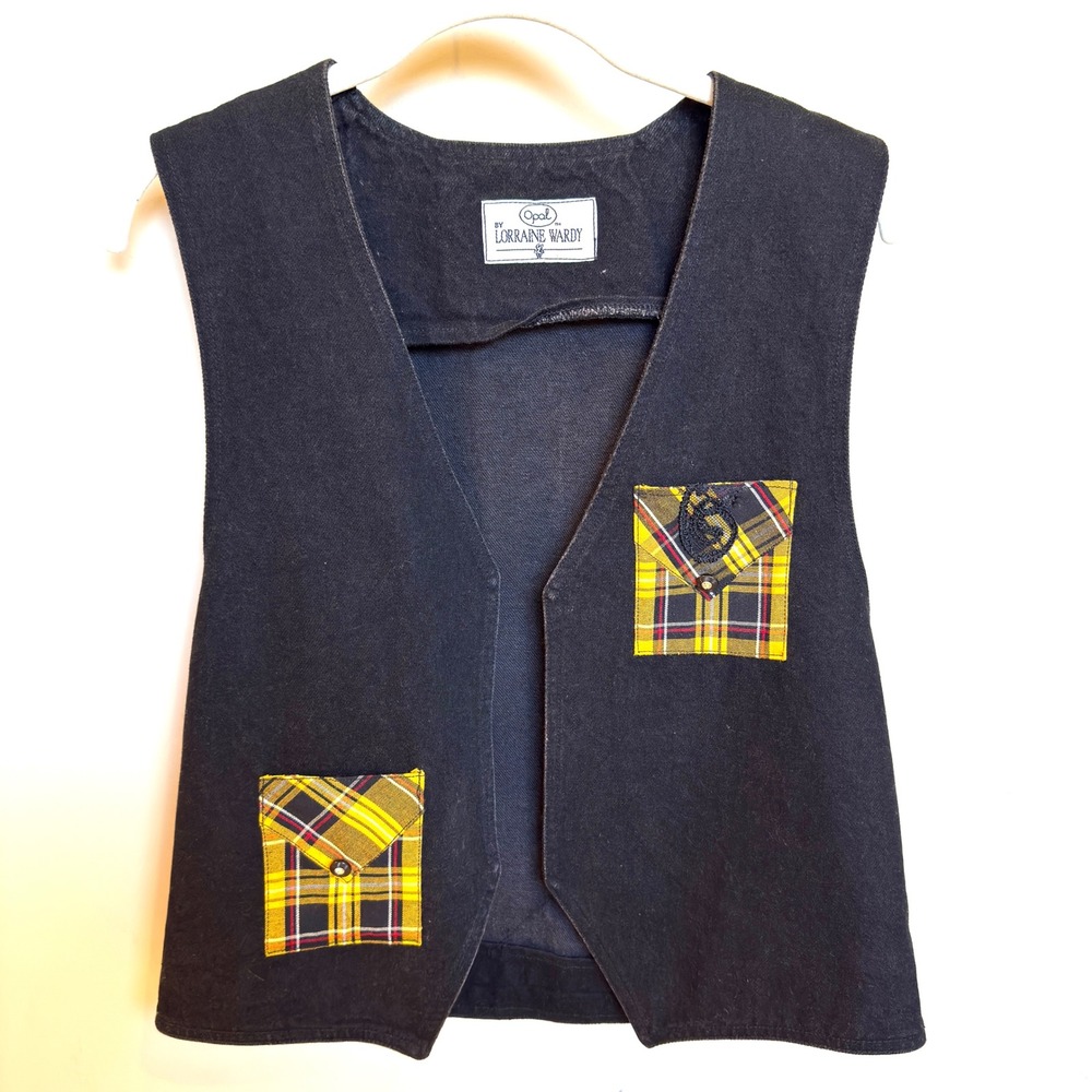 Lorraine Wardy Womens Black‎ Denim Vest Size S Plaid Pocket Detail